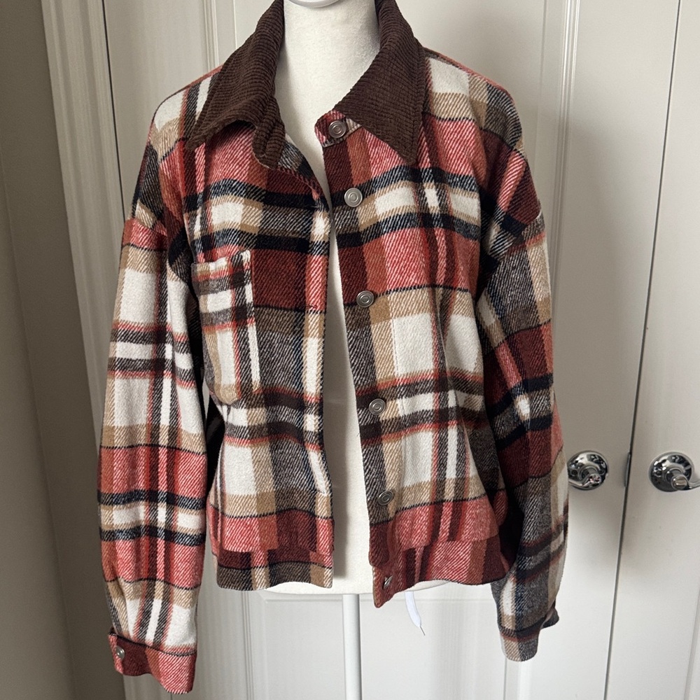 emory park Plaid Button-Up Jacket in Rust, Cream & Brown